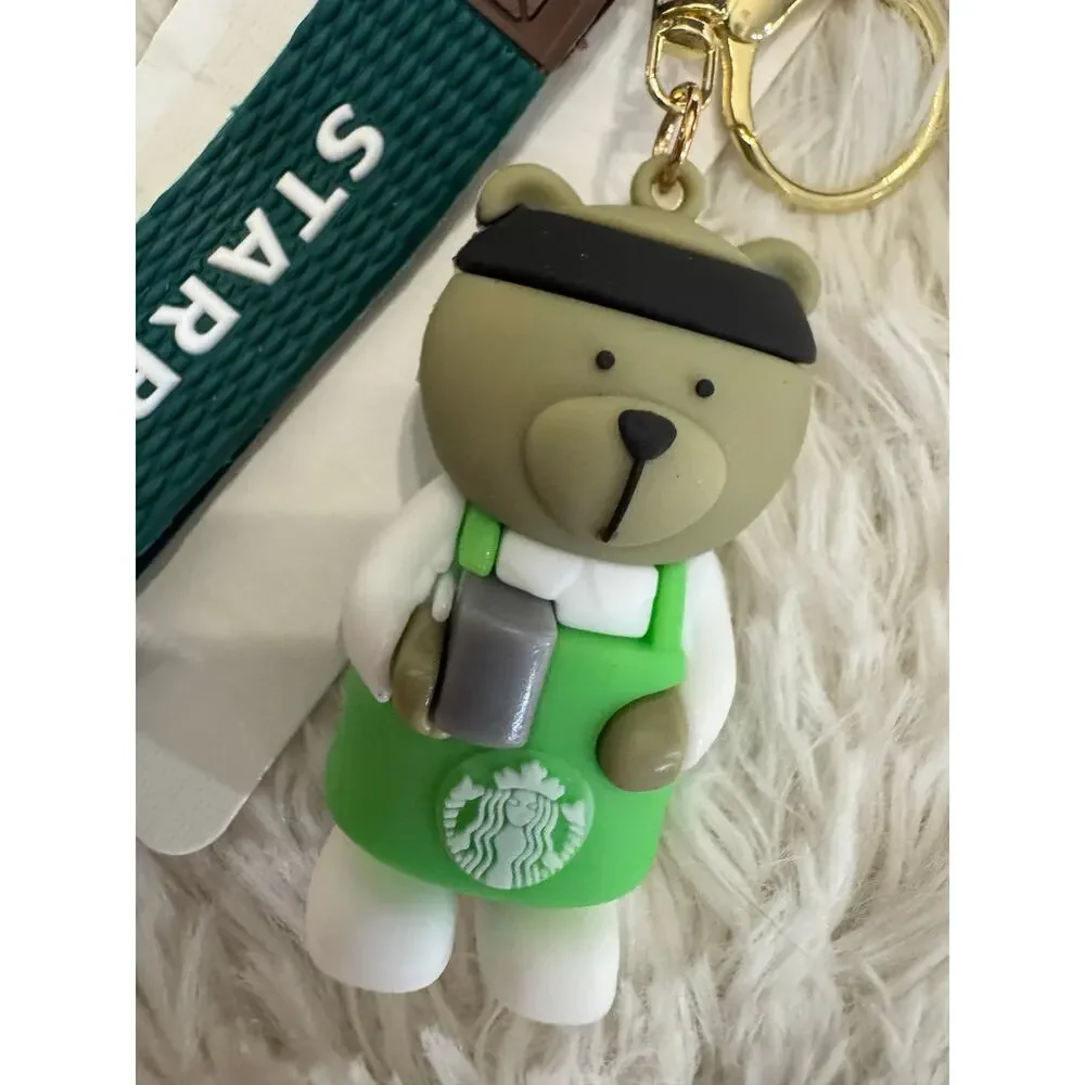 Starbucks Brown bear keychain strap green apron and white shirt